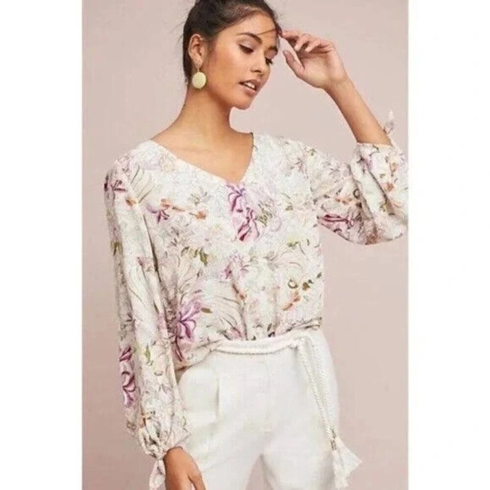 Anthropologie Maeve White Pink‎ Floral Pernille Tie Sleeve Top